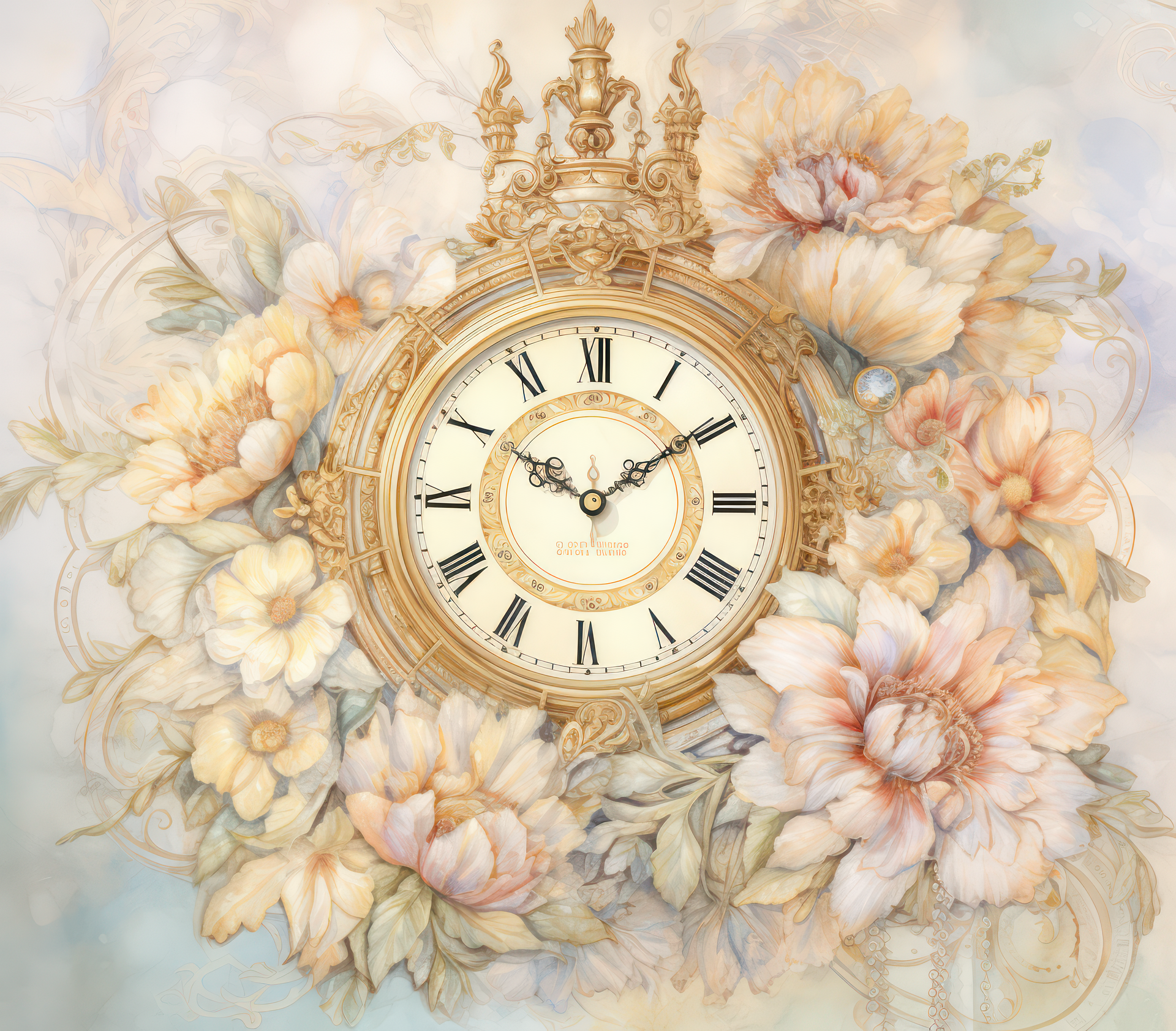 An intricately designed vintage clock with Roman numerals, surrounded by soft pastel-colored flowers, set against a dreamy, watercolor-style background.
