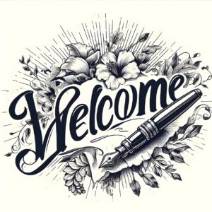 AI-generated image welcome text, flowers with a fountain pen beneath the word
