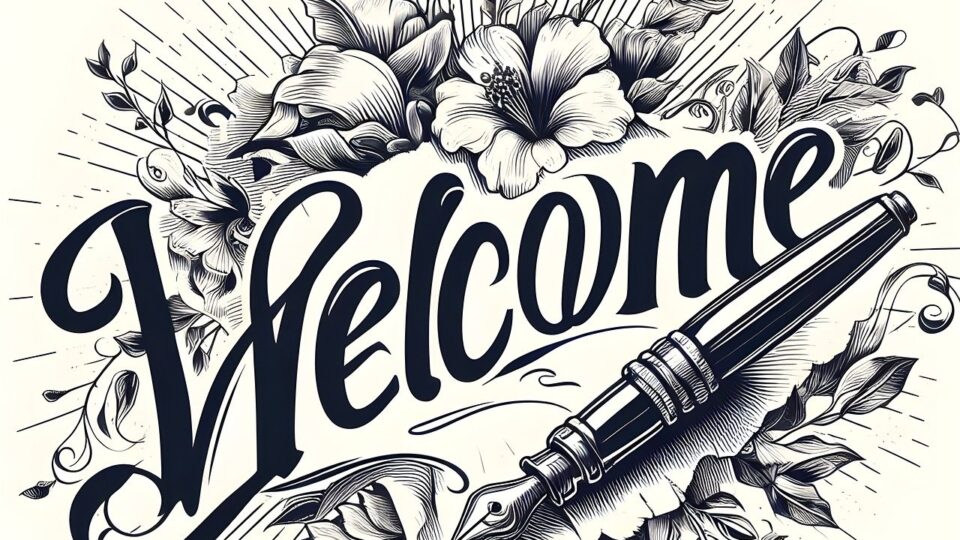 Welcome AI-generated image of the text with a fountain pen beneath it